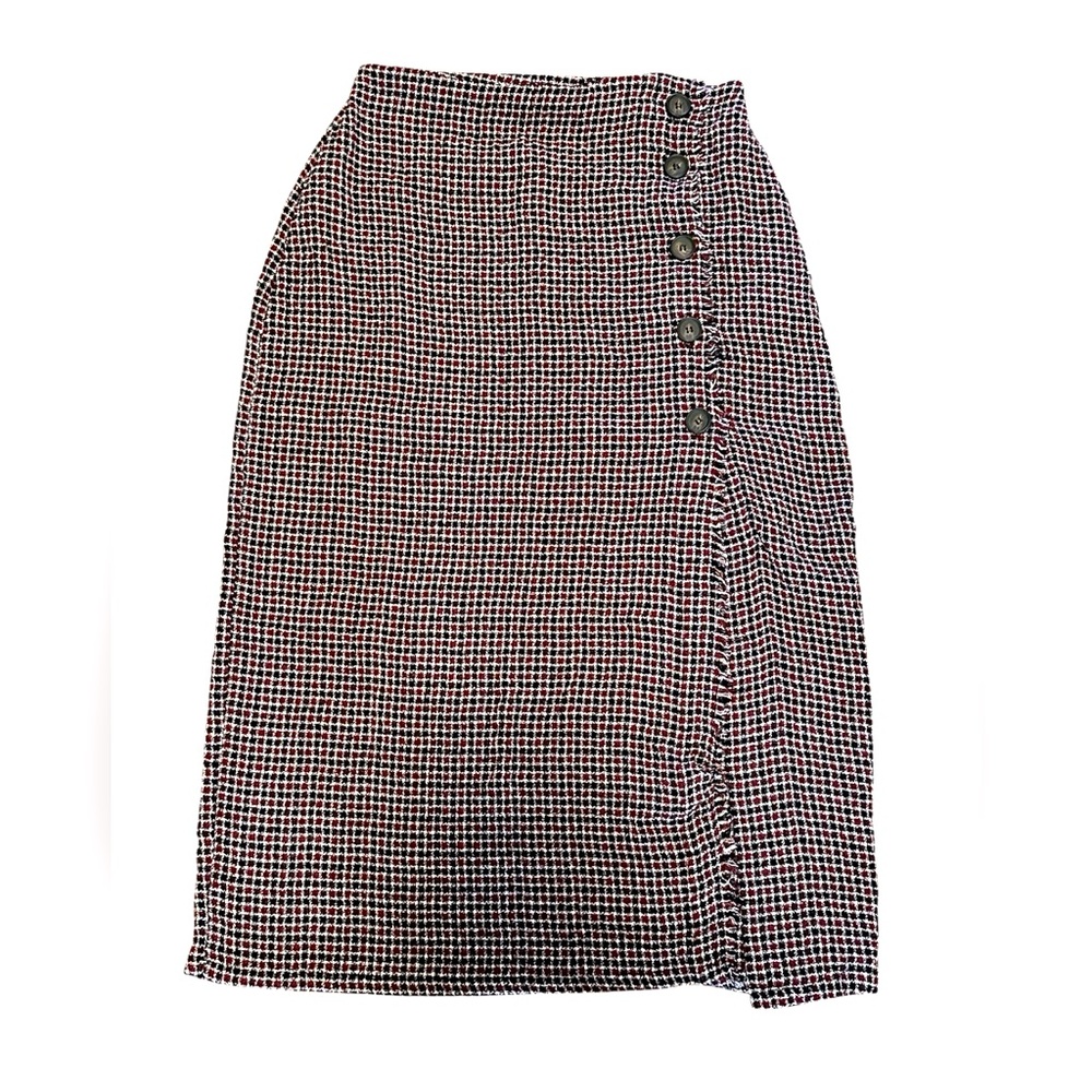 Pull&Bear Plaid Button Front Midi Skirt High Waist Checkered Burgundy Size Small